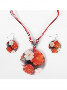 Fashion Flower Print Shell Necklace and Earrings Set